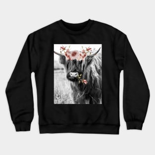 Highland Cow Portait with Watercolor Flowers Crewneck Sweatshirt